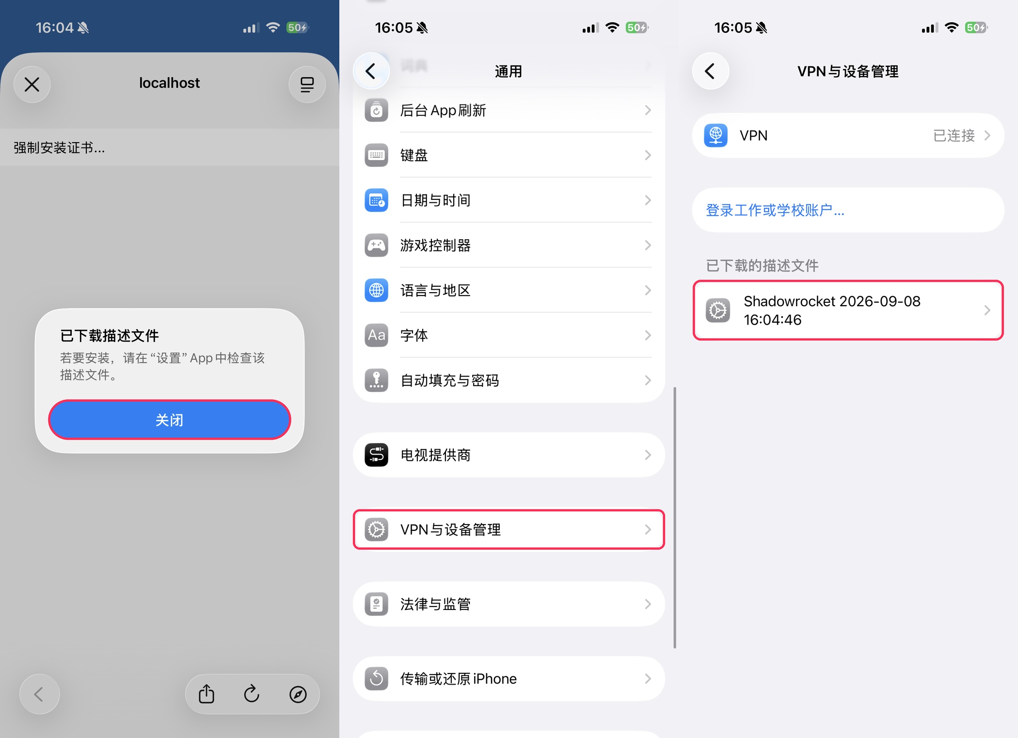 Safari 允许下载配置描述文件并前往系统设置 VPN 列表中打开